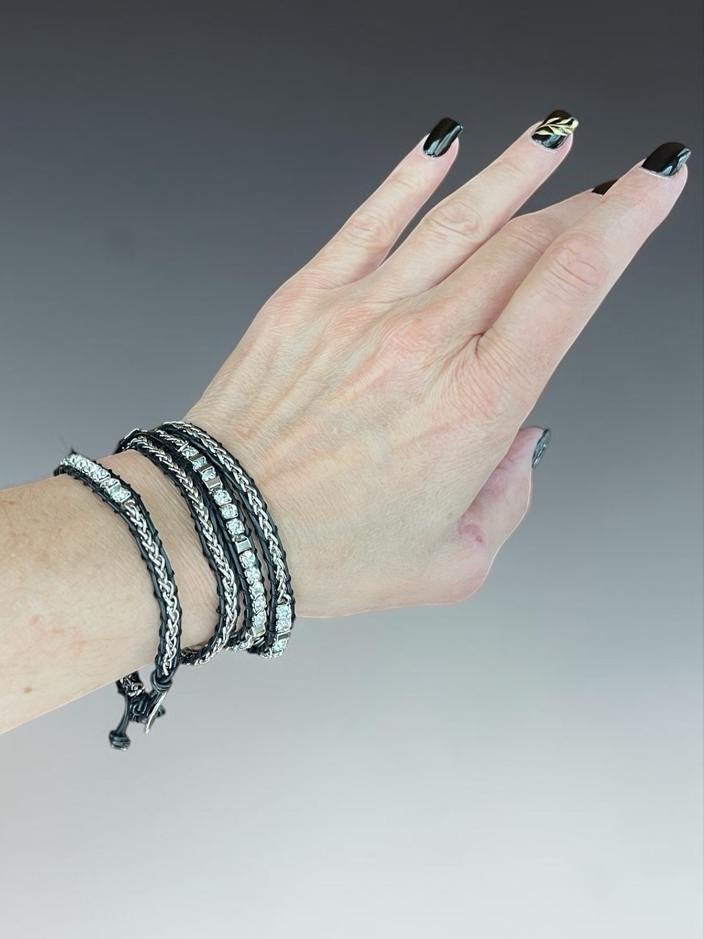 Leather Wrap Bracelet with Crystal & Silver Tone Chain Accents